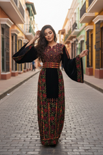 Load image into Gallery viewer, Velvet Midnight Bloomed Elegant  Embroidered Palestinian Thobe
