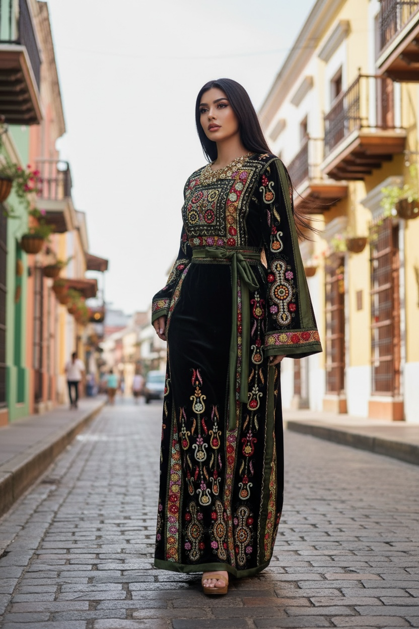 Midnight Velvet Malacca Embroidered Palestinian Fellahi Thobe
