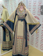 Load image into Gallery viewer, Beige Color thoub Blue Embroidered Palestinian Fellahi Thobe With Belt
