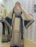 Beige thoub Blue Embroidered Palestinian Fellahi Thobe With Belt