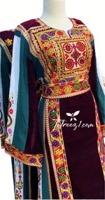 Load image into Gallery viewer, Traditional Maroon Velvet Embroidered Palestinian Fellahi Thobe
