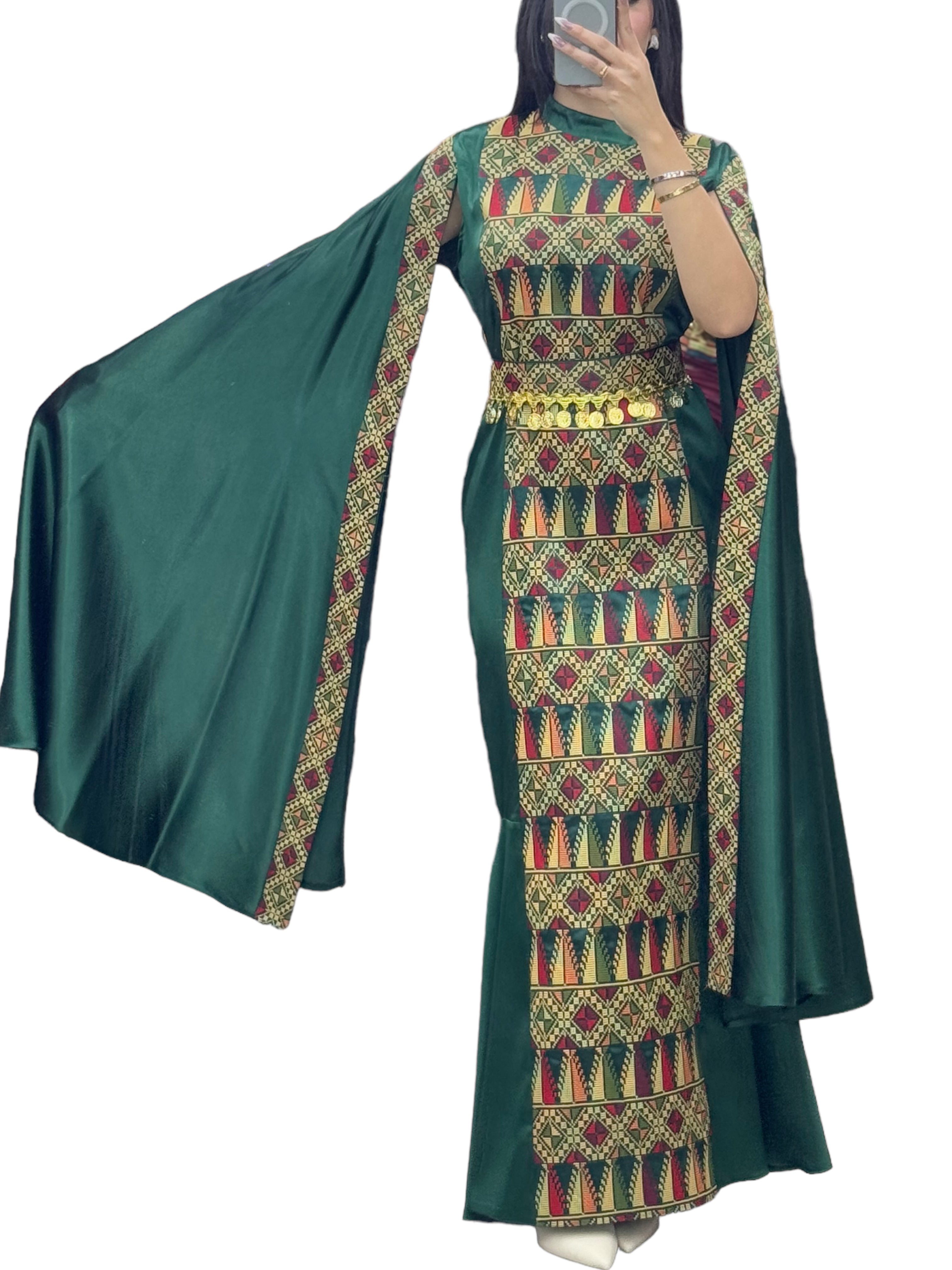 Green Dress Sleeve Drop Tatreez Elegant Beautiful Embroidery