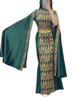 Load image into Gallery viewer, Green Dress Sleeve Drop Tatreez Elegant Beautiful Embroidery
