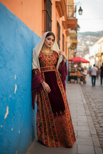 Load image into Gallery viewer, Maroon Velvet Palastine Thoub &amp; Matching Headpiece
