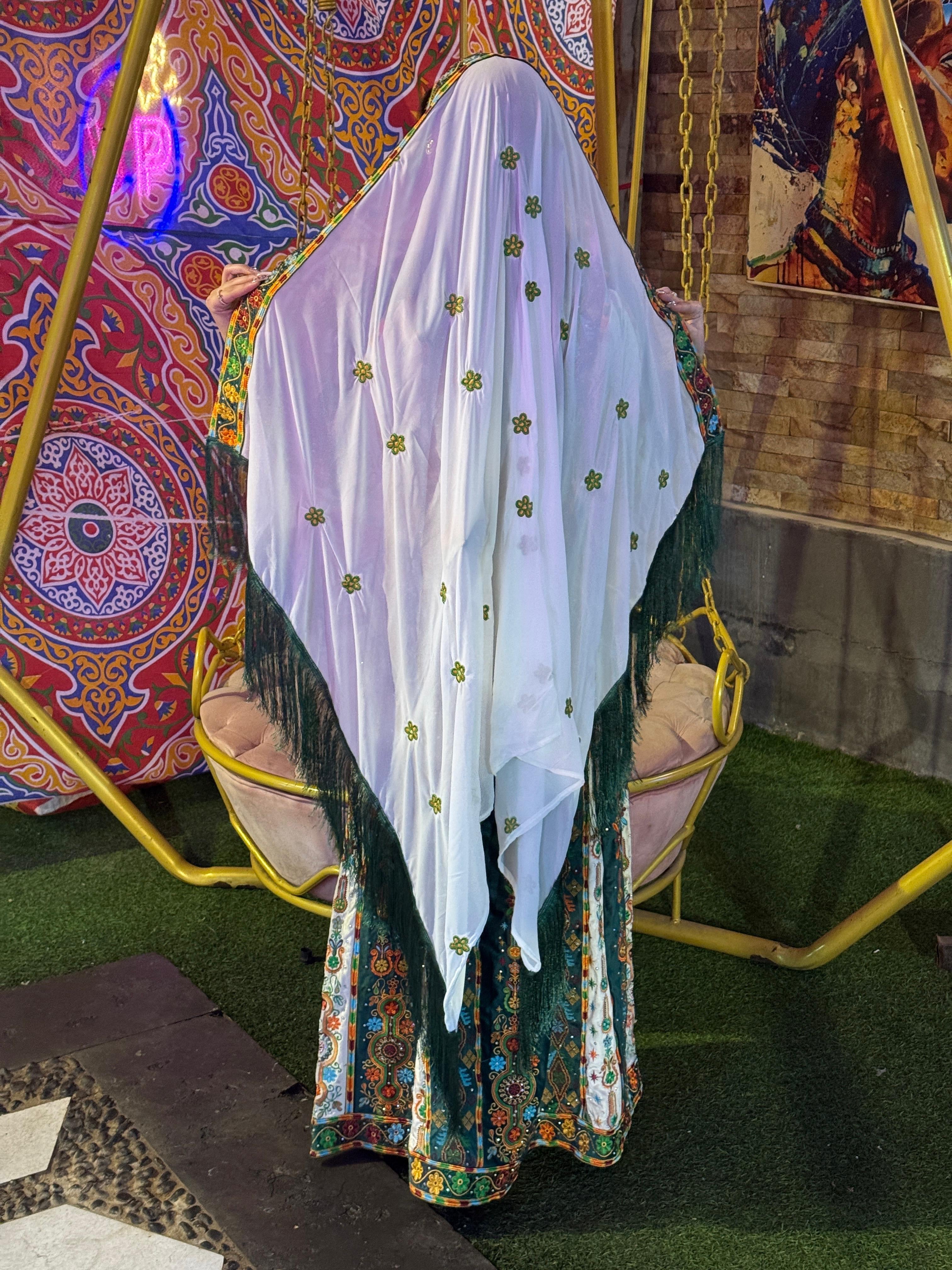 Malacca Velvet Material Green Stone Embroidery Thoub With Matching Headpiece