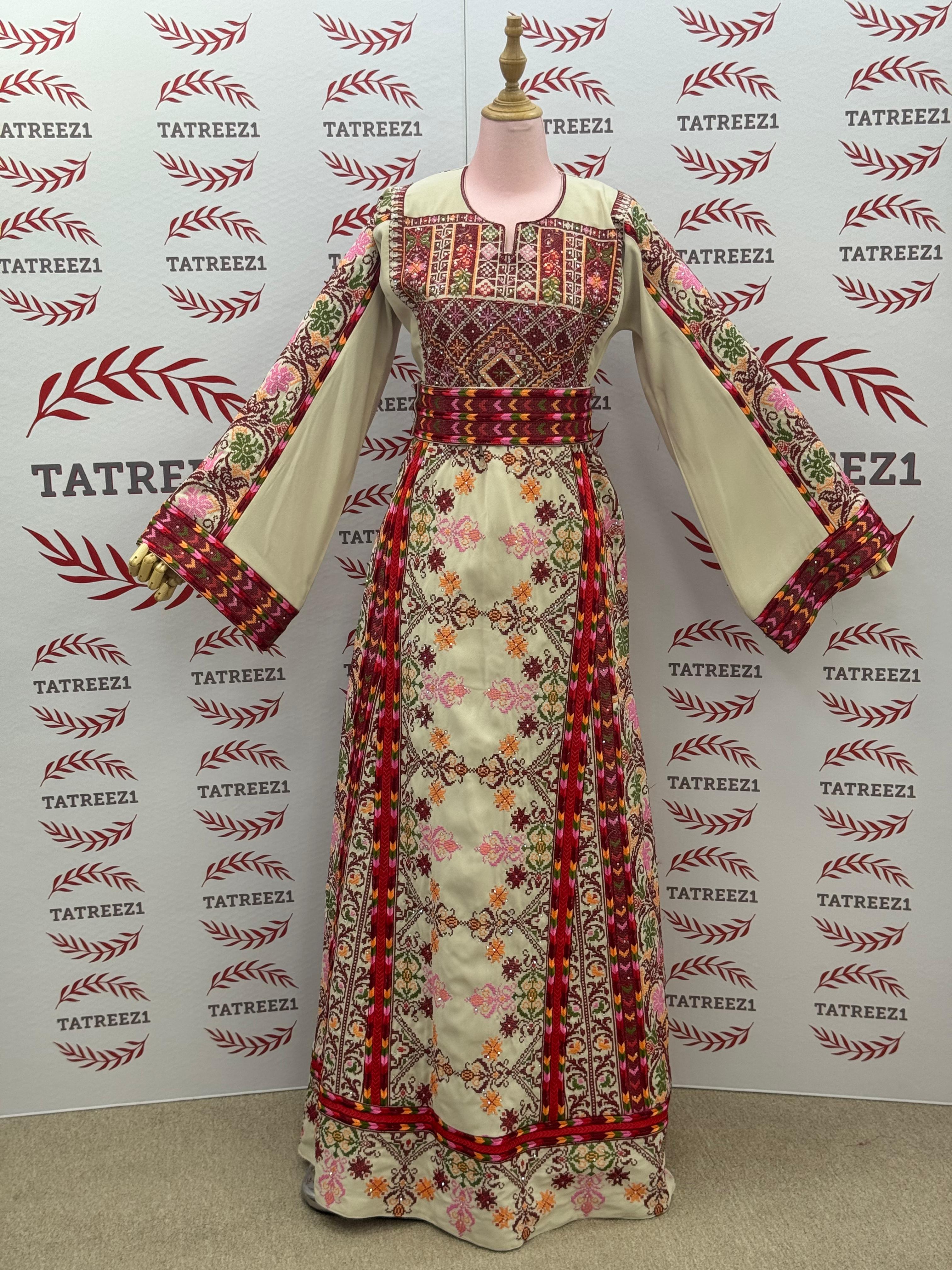 Beige & Maroon Thobe with Geometric Floral Embroidery