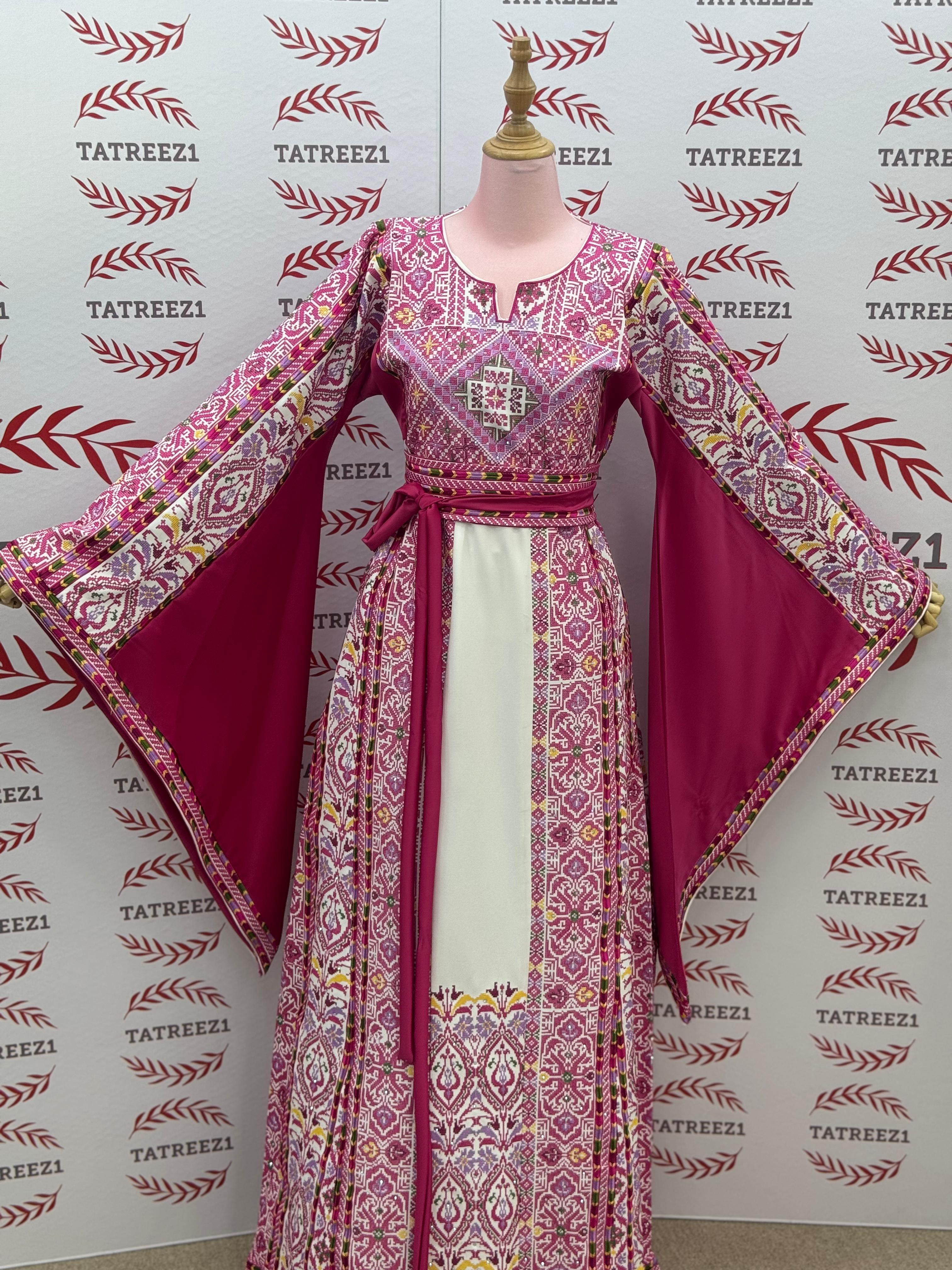 Pink Embroidered Palestinian Thobe with Wide Sleeves and Belt