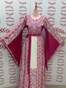 Pink Embroidered Palestinian Thobe with Wide Sleeves and Belt