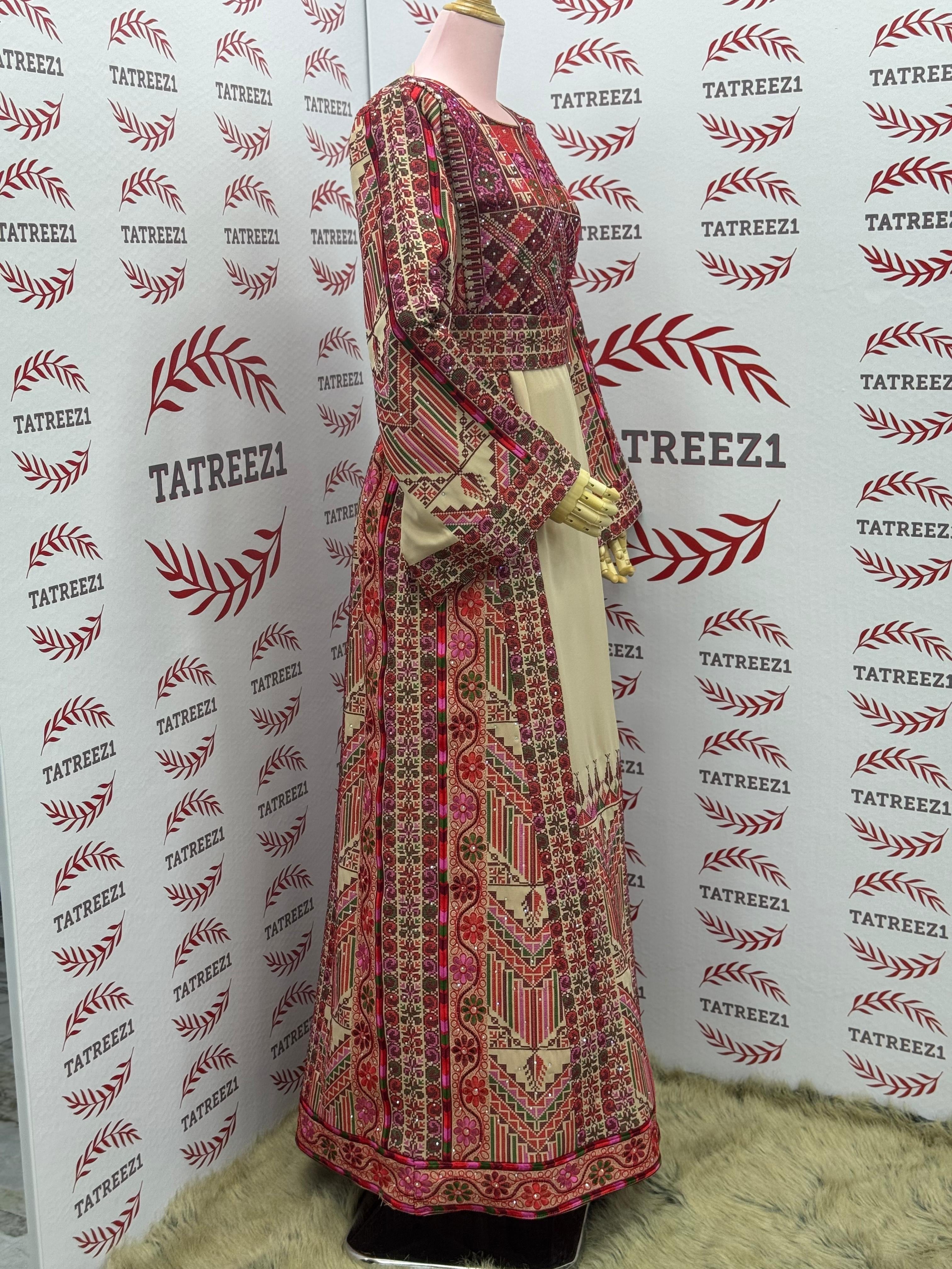 Beige Embroidery Traditional Palestinian Thobe Machine Made