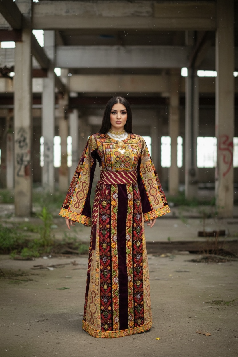 Maroon German velvet Palstainen Golden Embroidery Traditional Long Thoub