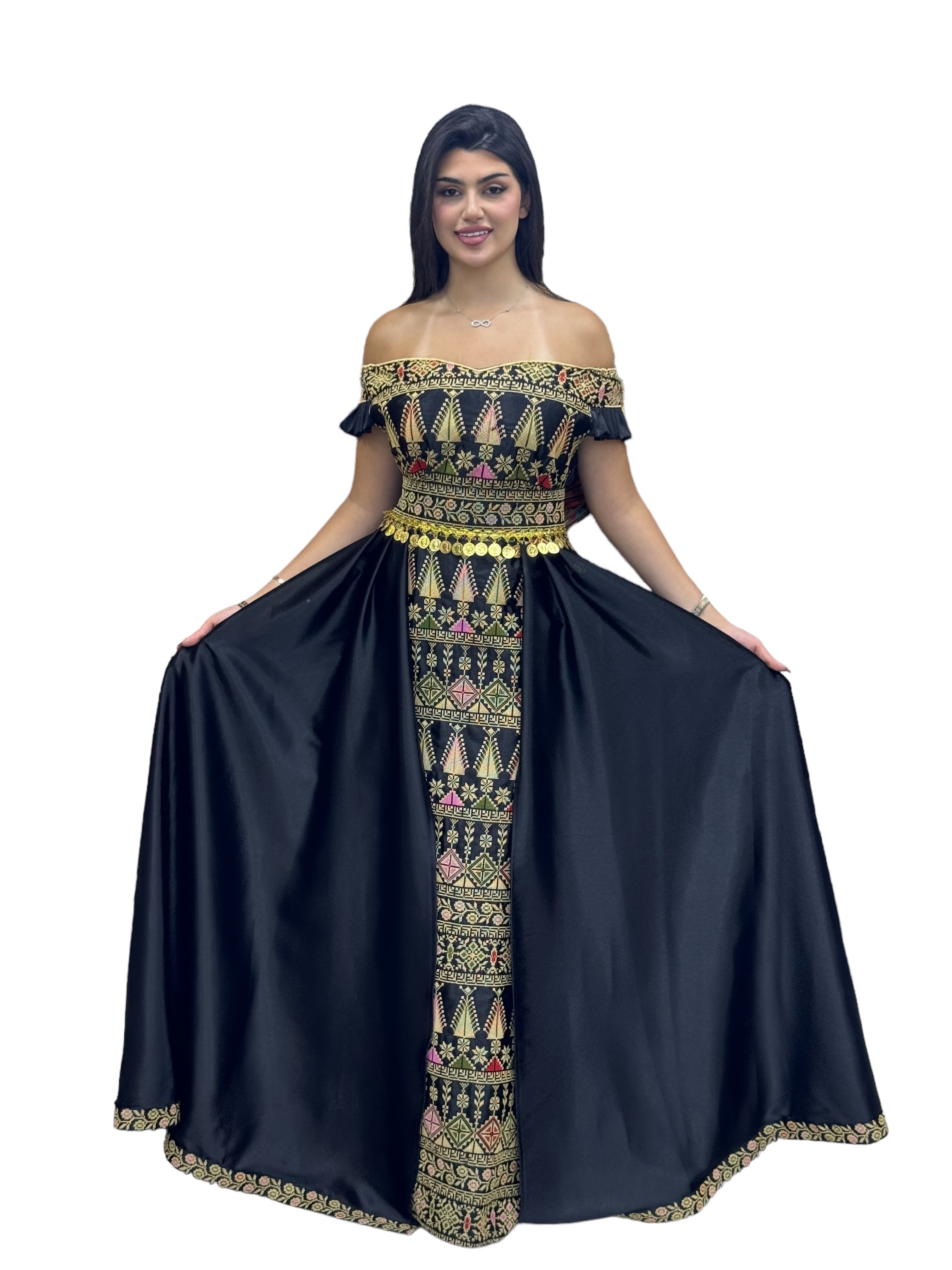 Black/ Beige Dress Off Shoulder Embroidered long Overskirt