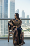 Silk Velvet Blue Thobe with Golden Stone Embroidery