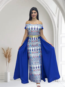 Blue Dress Off Shoulder Embroidered long Overskirt