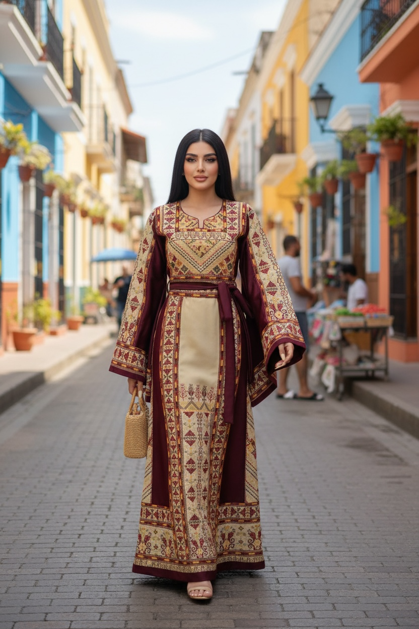 Beige Color thoub Maroon Embroidered Palestinian Fellahi Thobe With Belt