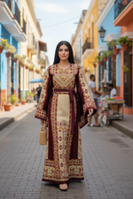 Load image into Gallery viewer, Beige Color thoub Maroon Embroidered Palestinian Fellahi Thobe With Belt
