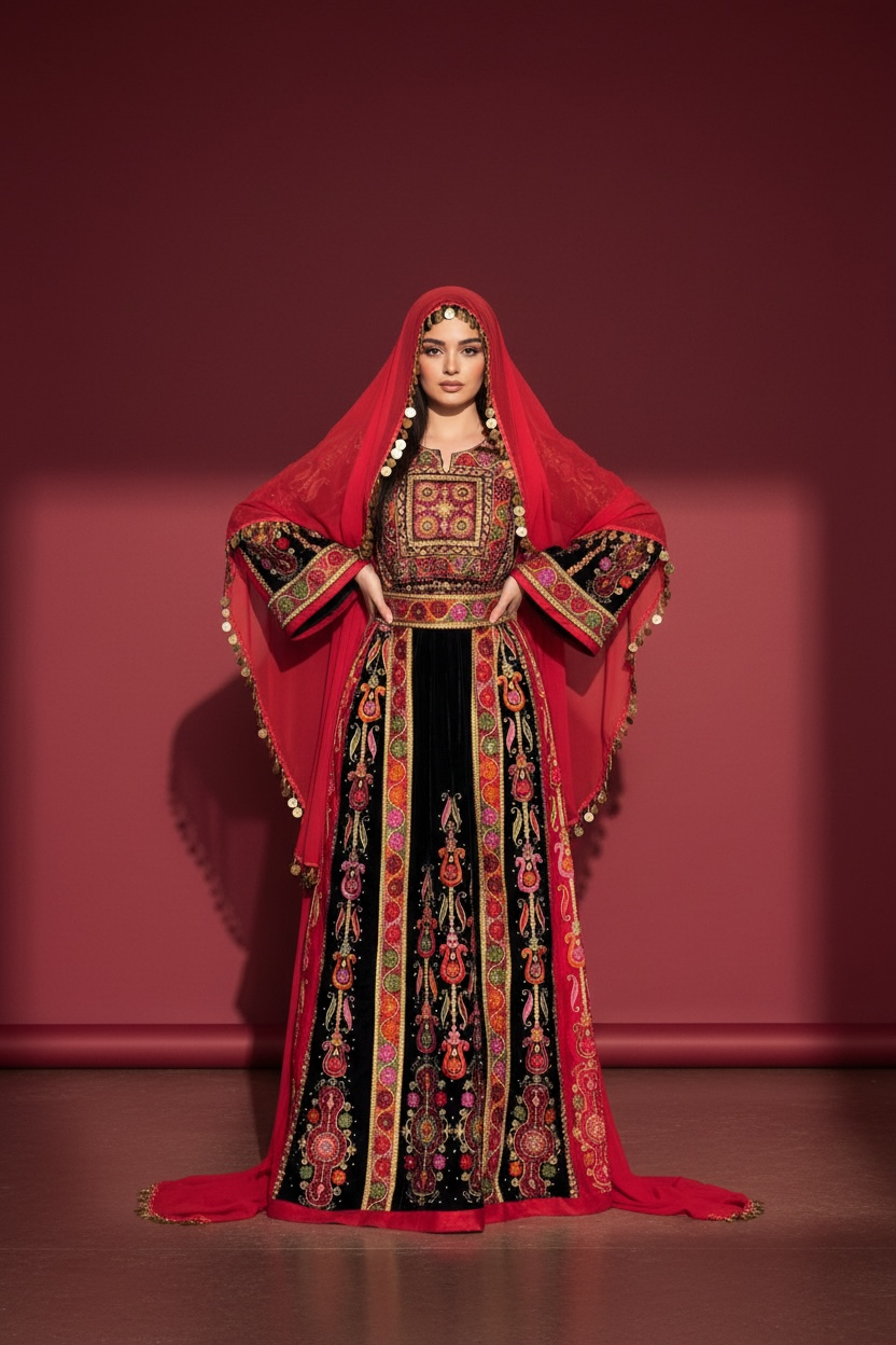 Black Velvet Malacca Red Embroidered Palestinian Fellahi Thobe