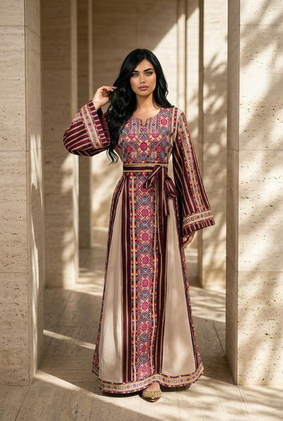 palestinian dress for women Embroidered Maxi Dress: Traditional Tatreez Bridal Thobe Kaftan and sewed by hand Palestinian Dress