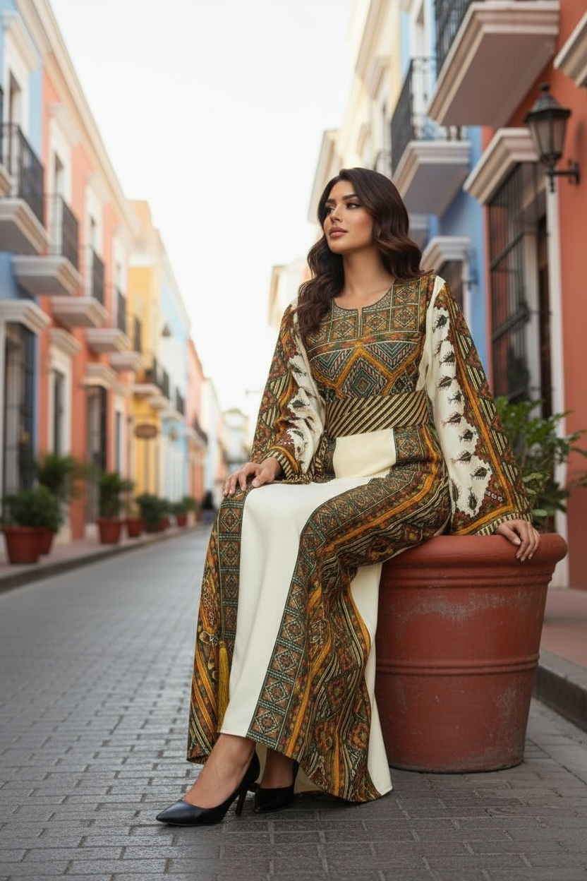Green Embroidered Palestinian Thobe Wide Sleeves