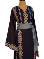 Load image into Gallery viewer, 🌿 Traditional Palestinian Embroidered Thobe – Navy with Beige &amp; Blue Accents
