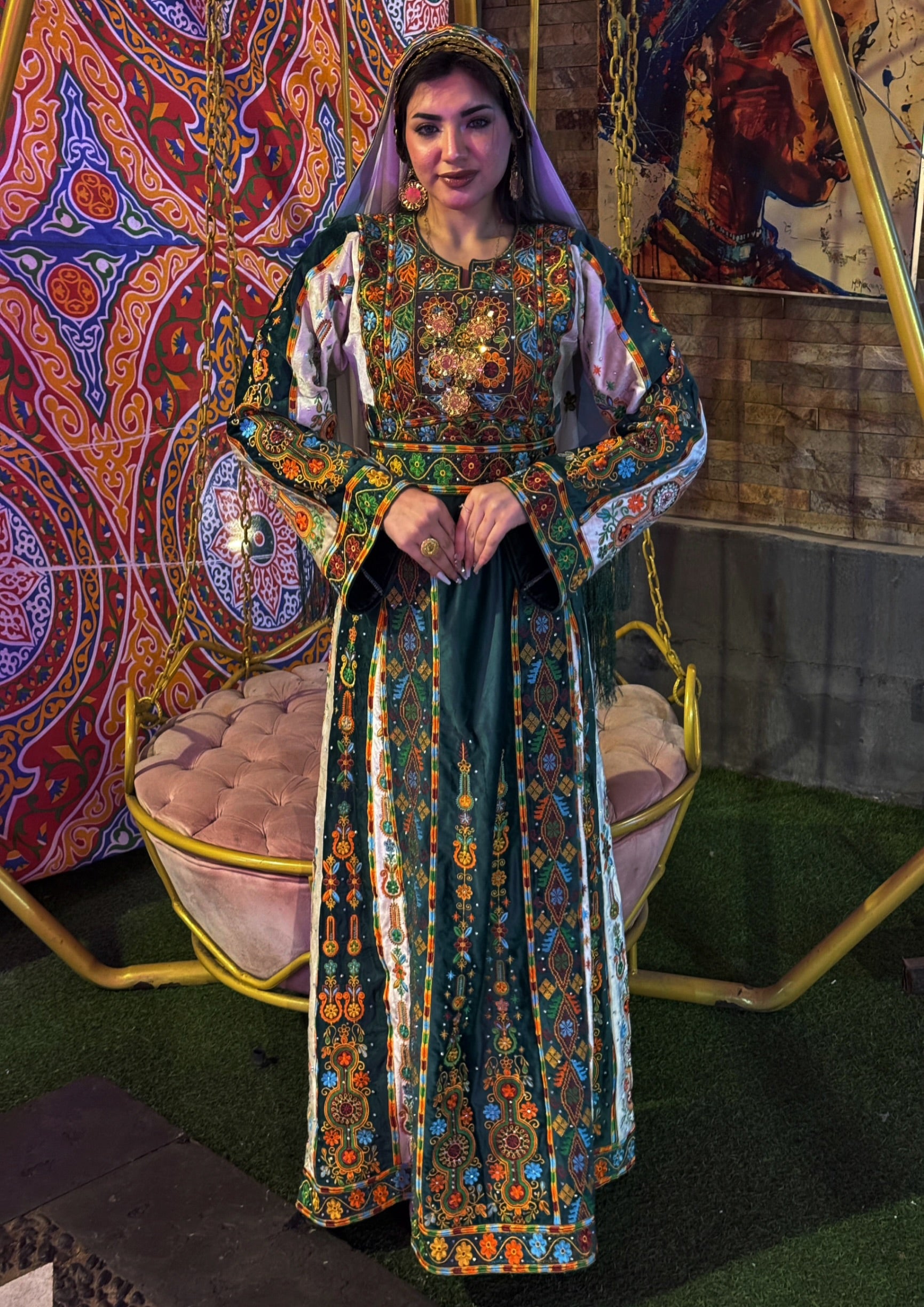 Malacca Velvet Material Green Stone Embroidery Thoub With Matching Headpiece