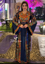 Load image into Gallery viewer, Blue Silk Light Velvet Traditional Embroidered Thoub With Matching Headpiece
