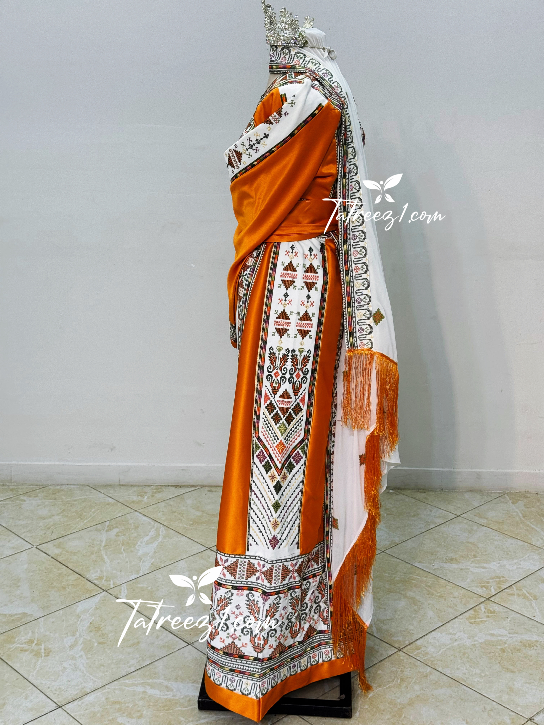 With Reversable Belt Orange Astonishing Palstainen Embroidery Traditional Long Thoub With Matching Headpiece