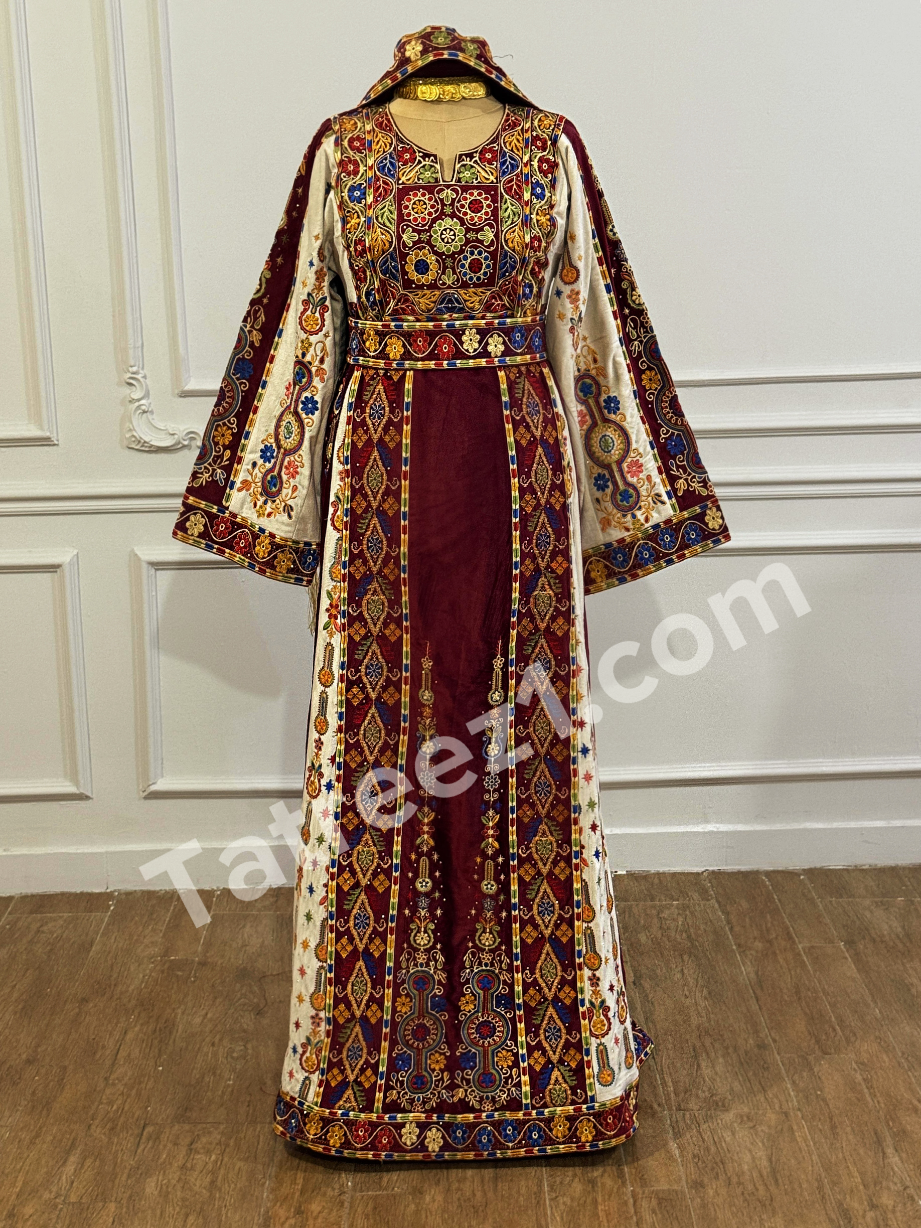Maroon Malacca Silk Velvet Thoub with Stone Embroidery and Overskirt