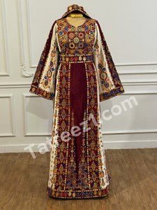 Maroon Malacca Silk Velvet Thoub with Stone Embroidery and Overskirt
