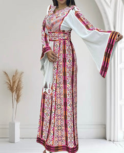 Palestine Thoub  Embroidery White Traditional Thoub Stone Thobe with Matching Belt