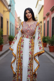 Floral Embroidered Palestinian Thobe with Wide Sleeves and Belt