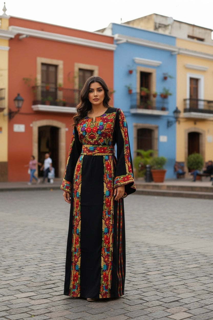 Black Simple & Classic And Elegant Emberoidery Dress With Matching belt