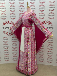 Pink Embroidered Palestinian Thobe with Wide Sleeves and Belt