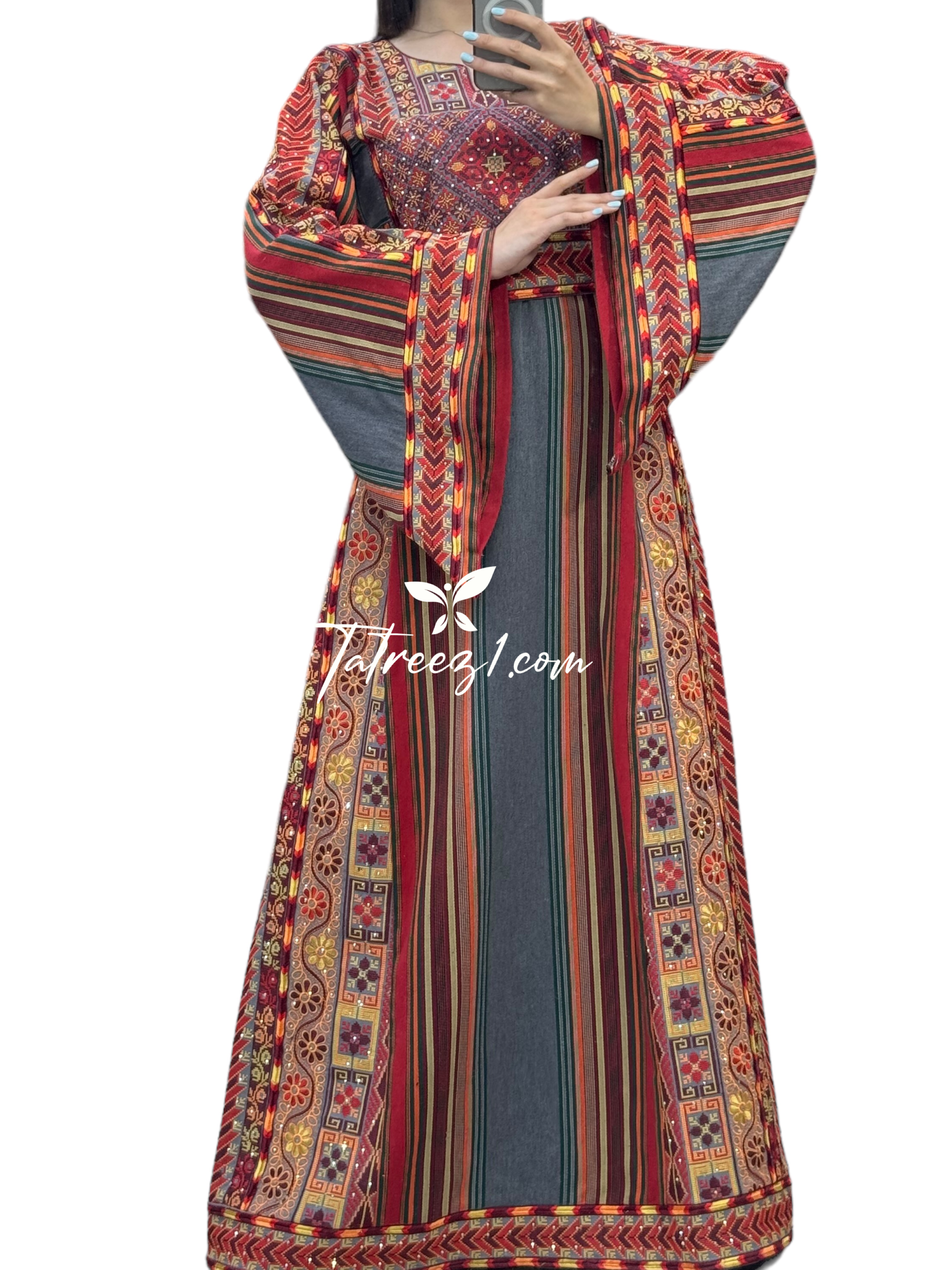 Gray Multicolor Majdalway Embroidered Palestinian Fellahi Thobe