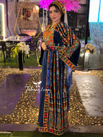 Load image into Gallery viewer, Blue Silk Light Velvet Traditional Embroidered Thoub With Matching Headpiece
