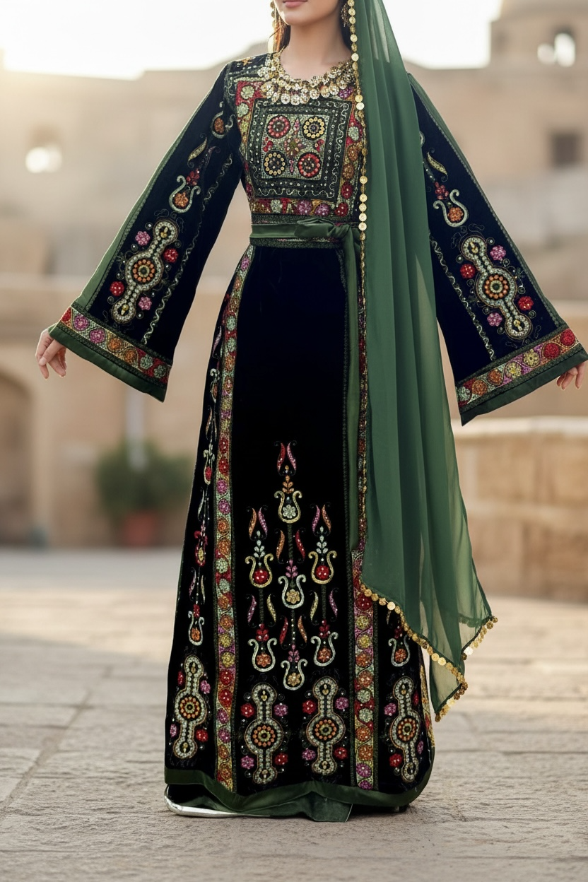 Midnight Velvet Malacca Embroidered Palestinian Fellahi Thobe