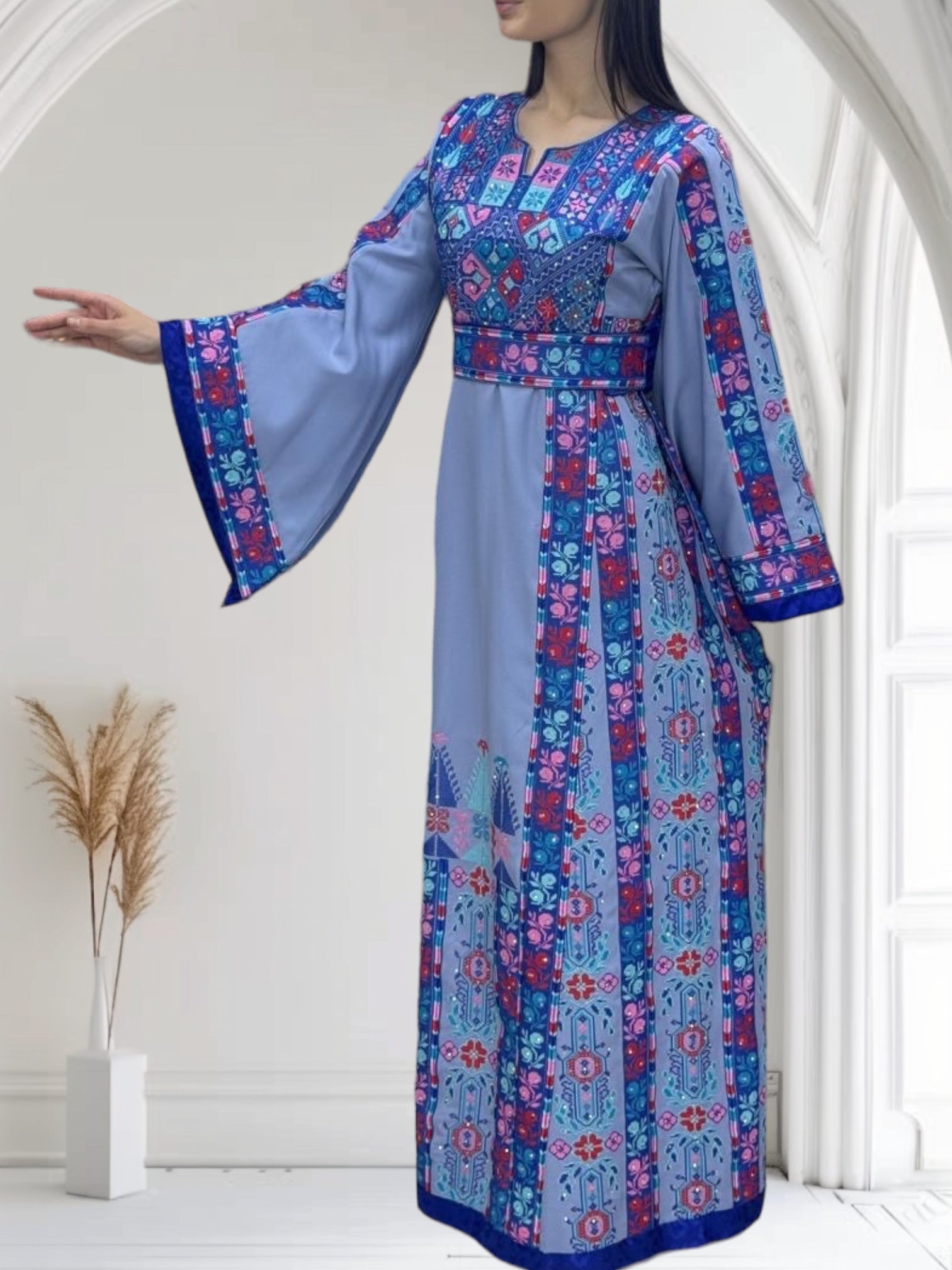 Blue Thobe Embroidered Palestinian With Embroidery Belt