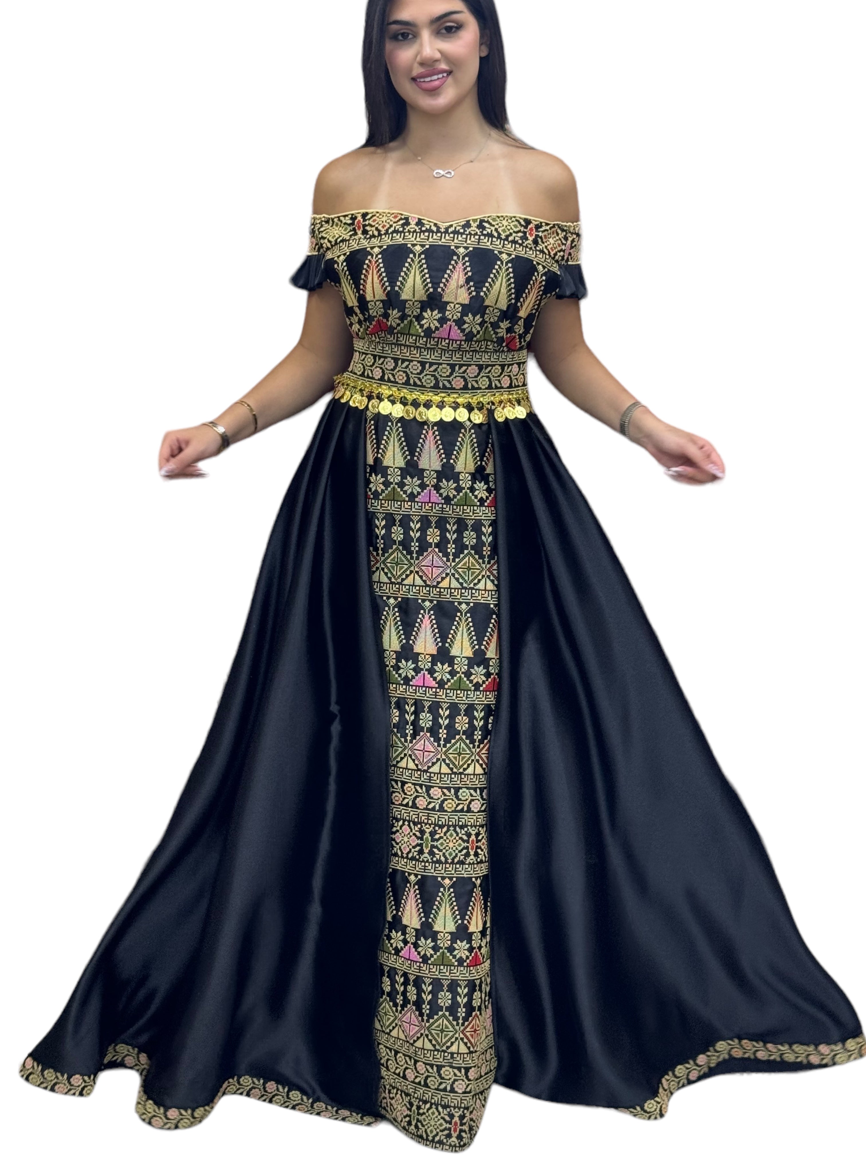 Black/ Beige Dress Off Shoulder Embroidered long Overskirt