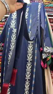 🌿 Traditional Palestinian Embroidered Thobe – Navy with Beige & Blue Accents