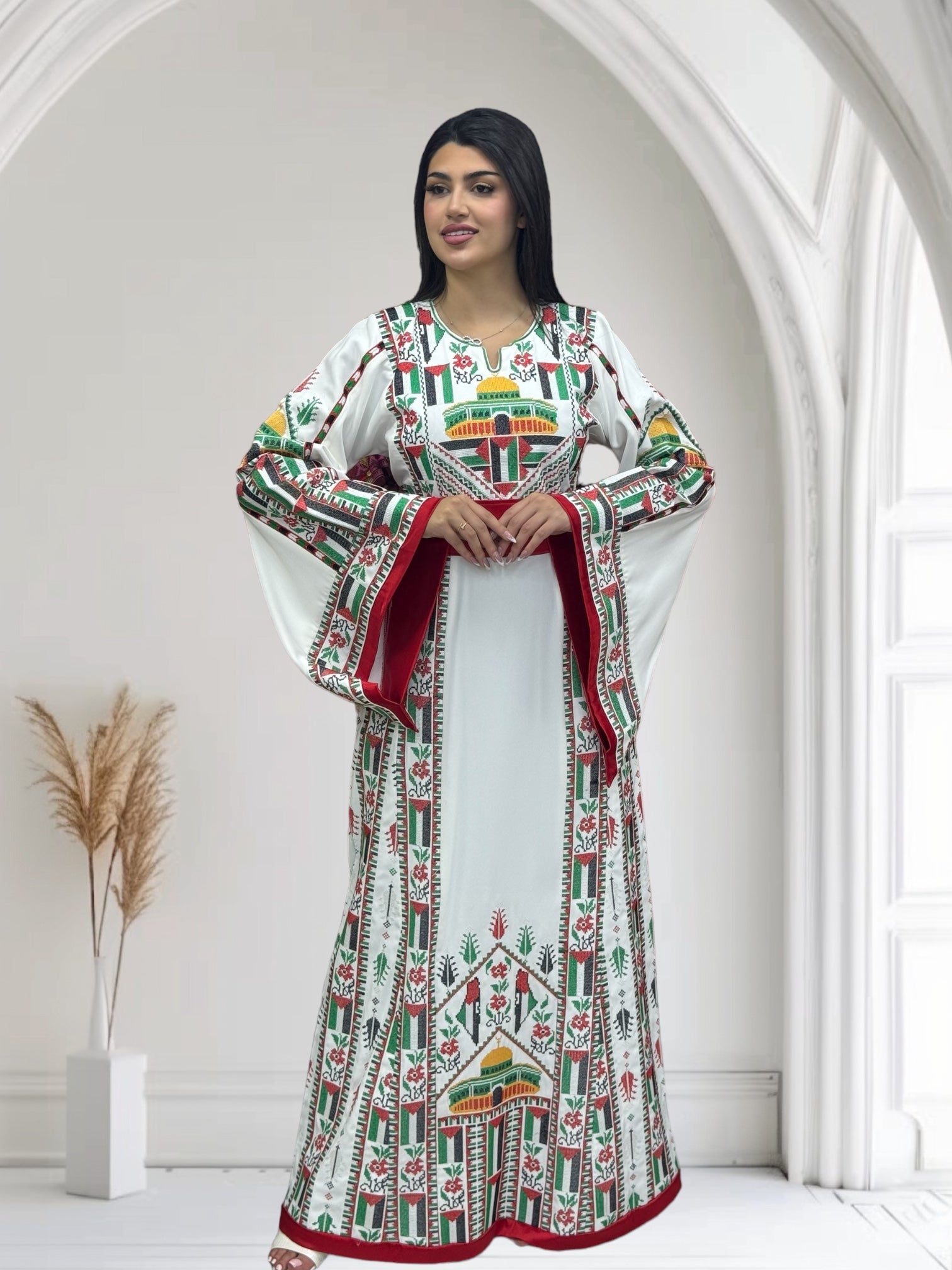 Palestine Flage Embroidery White Traditional Thoub  Stone Thobe with Matching Belt