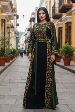 Load image into Gallery viewer, Green Covered in elegant floral Embroidered Palestinian Thobe
