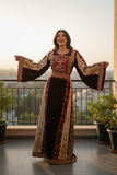 Qasab Maroon Malacca Silk Velvet Thoub with Embroidery and Overskirt