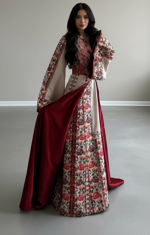 Light beige Elegance Thoub with Overskirt Thoub with Floral Embroidery