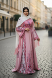 Elegant Pink Malacca Silk Velvet Thobe with Stone Embroidery, Matching Overskirt, and Headpiece