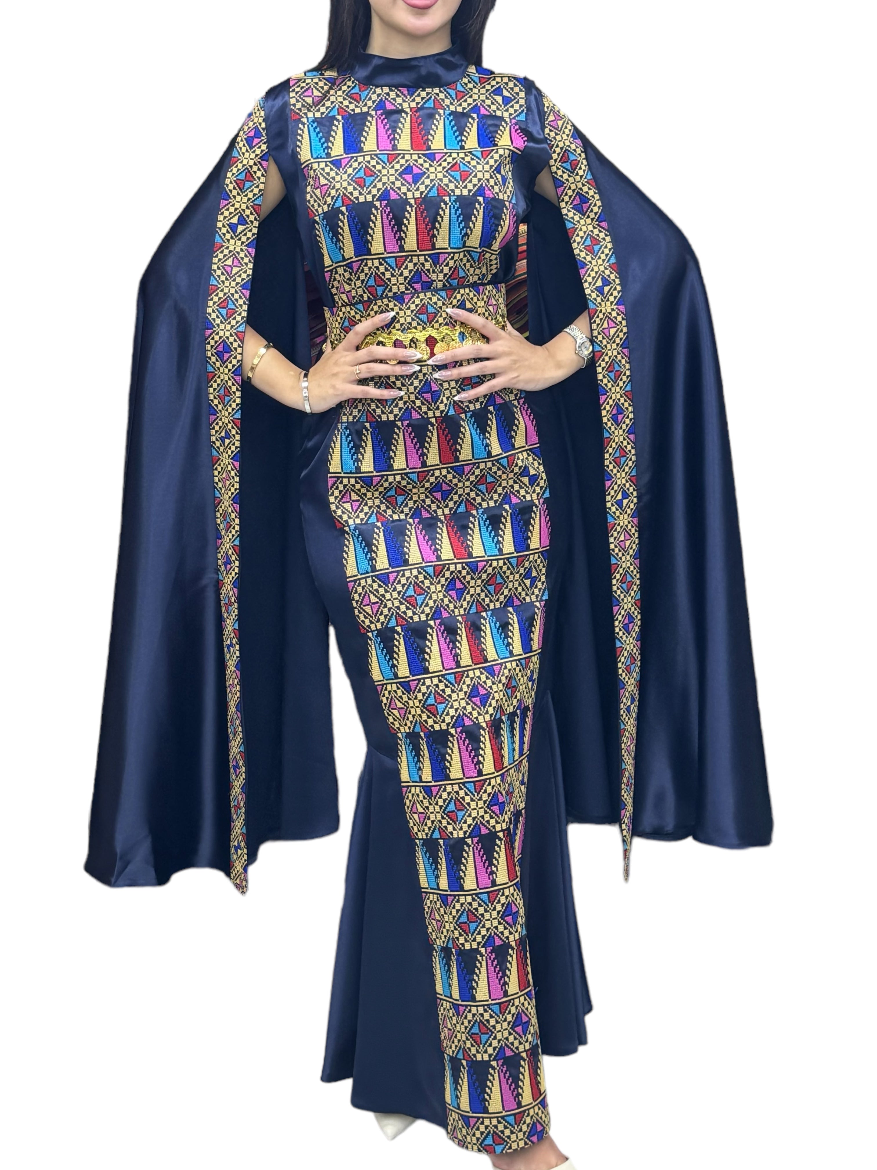 Navy Dress Sleeve Drop Tatreez Elegant Beautiful Embroidery