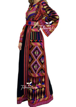 Load image into Gallery viewer, Majdalawy Black Multicolored Embroidered Palestinian Fellahi Thobe
