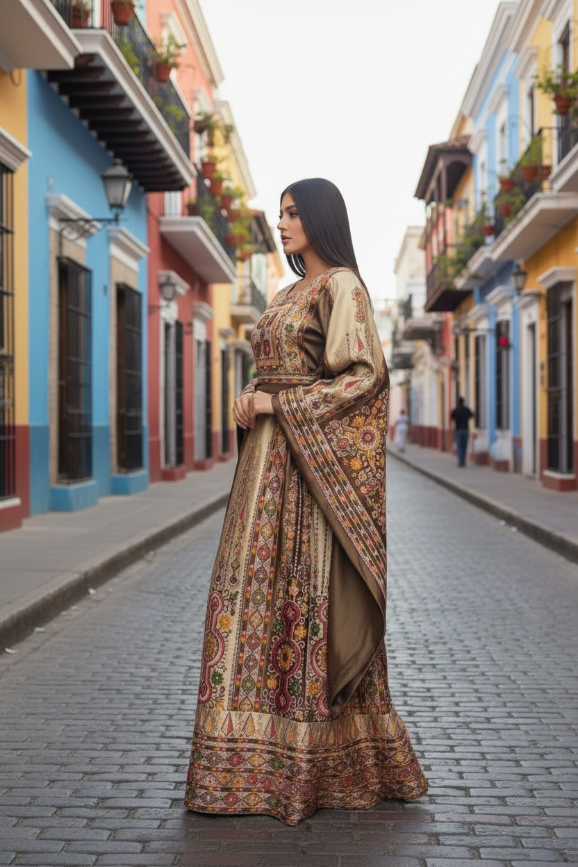 Chocolate and Caramel Embroidery Traditional Palestinian Thobe