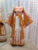 Load image into Gallery viewer, Yellow &amp; White  Palestinian Tatreez Thobe Heritage Elegance Embroidered Dress
