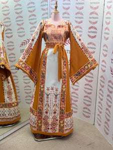 Yellow & White  Palestinian Tatreez Thobe Heritage Elegance Embroidered Dress