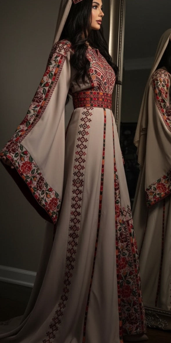 Light beige Elegance Thoub with Overskirt Thoub with Floral Embroidery