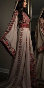 Light beige Elegance Thoub with Overskirt Thoub with Floral Embroidery